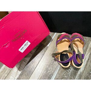 Swedish Hasbeens 50s Suede Combo Sandal With Wooden Heel Size 38 Adjustable Stra